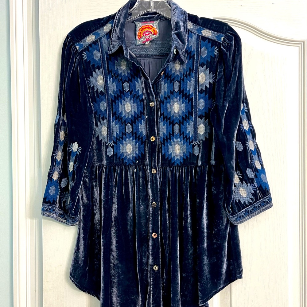 Johnny Was crushed velvet embroidered blue top